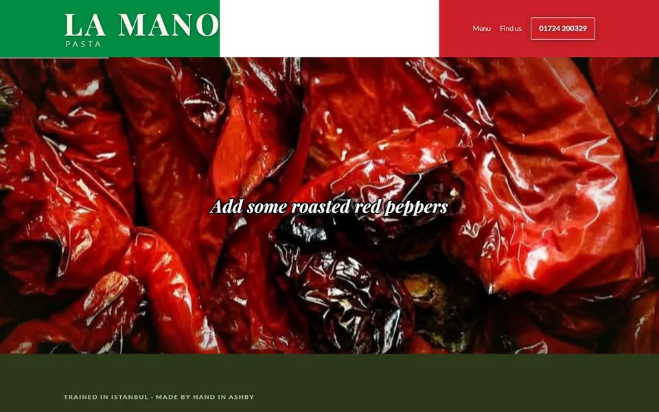The La Mano Pasta website: a green, white and red header with the La Mano logo, a Menu link and their phone number, above a full-width photo of roasted red peppers.